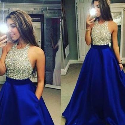 Sexy, Floor Length, Satin, Blue, Backless Prom Dress, With Beading on ...