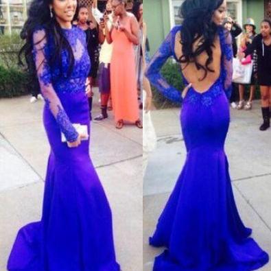 Lace Mermaid Long Sleeves Prom Dresses 2015 Royal Blue Open Back Floor Length Evening Gowns