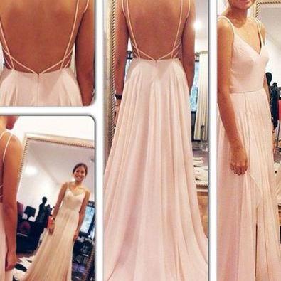 Backless Prom Dresses Spaghetti Straps V Neck Pink Open Back Chiffon Long Evening Gowns