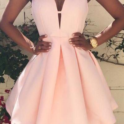 Pink, Plain, Pleated, Zipper, V-neck, Sleeveless, Sexy, Homecoming, Cute, Mini Dress