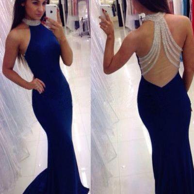 Sexy Open Back, Mermaid Blue Prom Dress,Backless Graduation Dress,Sexy Formal Evening Dress, alter Neckline Prom Gowns