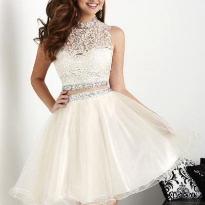 White Homecoming Dresses, Ball Gowns, Short Corset Prom Dress, Lace Prom dress, Two pieces, Cute Homecoming dresses