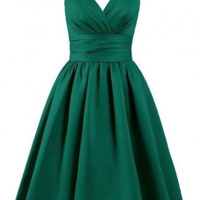 Emerald Green Satin Knee Length A-Line Evening Dress featuring Plunge V Bodice 