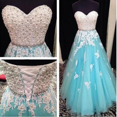 UPd0007 Long Prom Dress, Blue Prom Dress, A-line prom dress, sweetheart prom dress, with pearls
