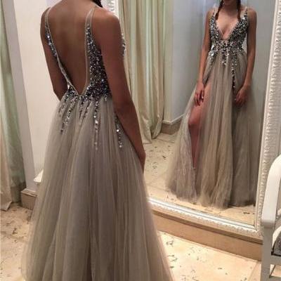 Upd0068, 2017 Deep-V-neck ,Sexy, Front-Slit ,Beadings, Open-Back, Tulle, Crystals, Prom Dresses, High Quality Wedding Dresses, Prom Dresses, Evening Dresses, Bridesmaid Dresses, Homecoming Dress