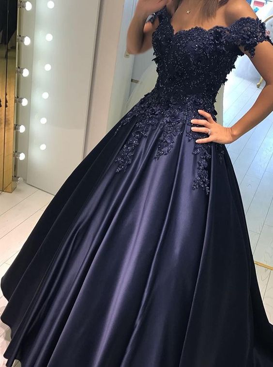 A-line Off Shoulder Ruffled Sleeve Blue Taffeta Long Sweep Train Prom Gown