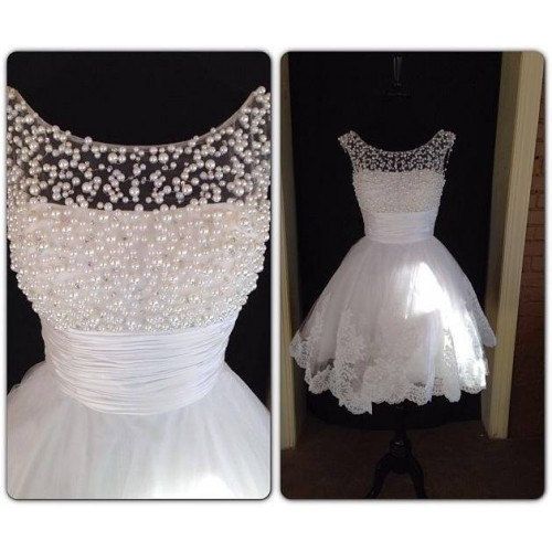 Short White Pearl Bead Lace Prom Dress, Straps Kneelength Graduation