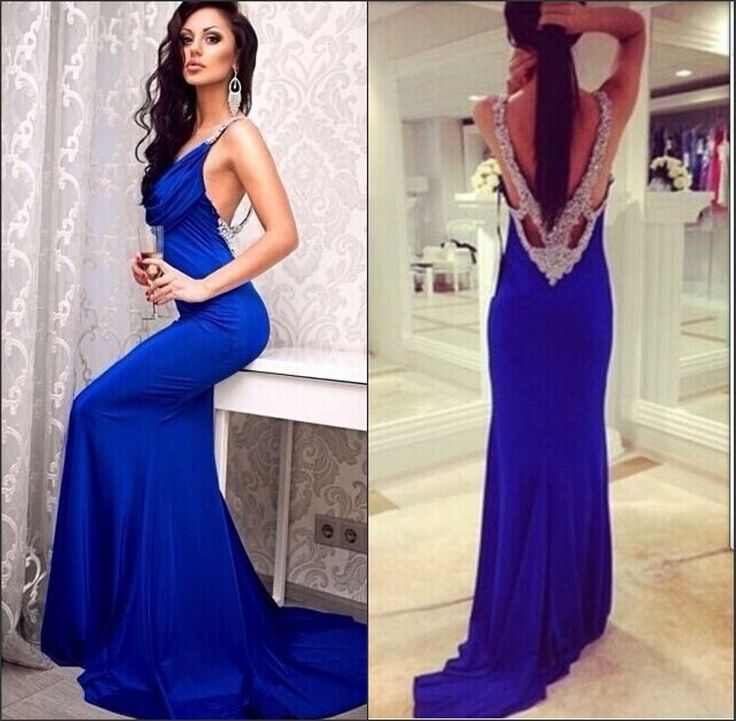 Sexy， V Neck， Beaded， Backless， Mermail， Fitted Royal， Blue Prom ...