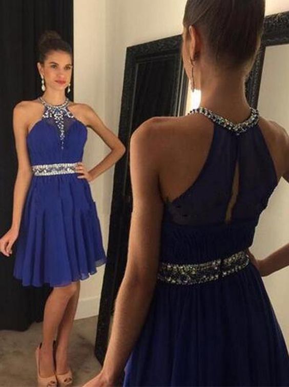 Uhc0004 A Line Halte Above Knee Chiffon Backless Royal Blue Prom Homecoming Dress On Luulla 9440