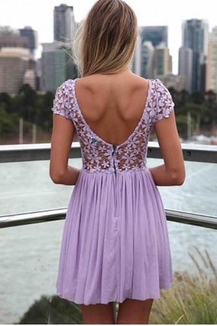Embroidered, Lace Top Dress, With Tulle Pleated Skirt, Short Prom Dress, Backless Homecoming Dress