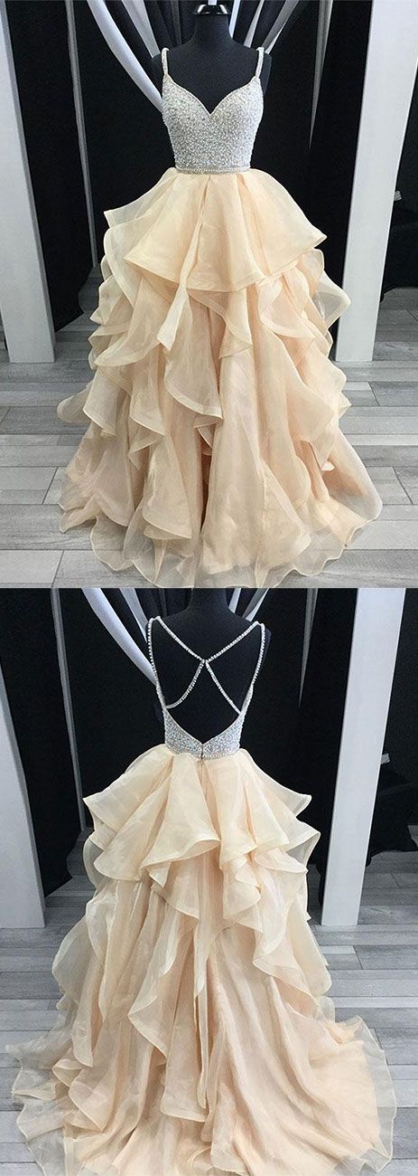 UPD0243, Unique Champagne Tulle Sequin Long Prom Dress, Champagne ...